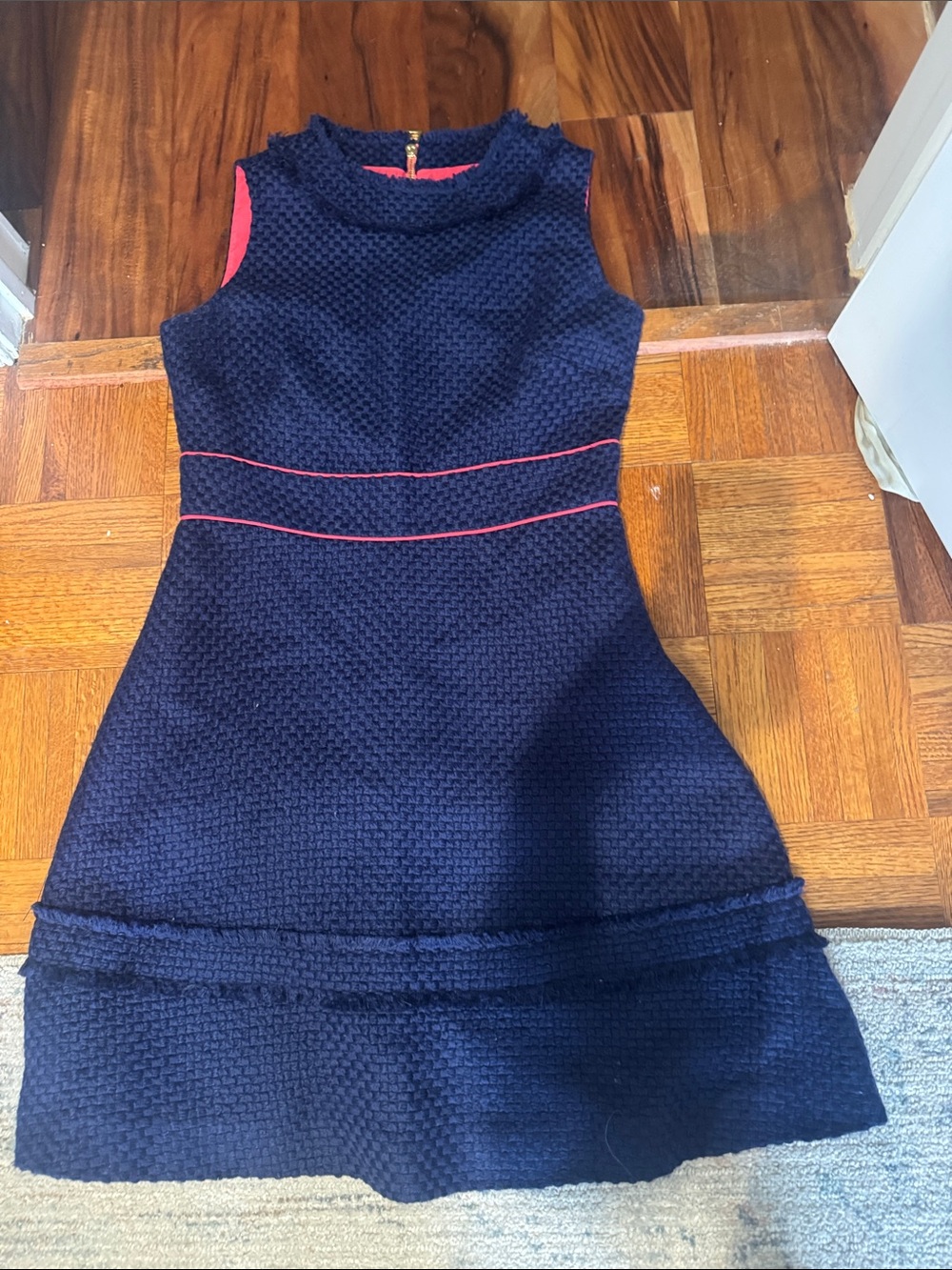Sail to Sable Navy Textured Sleeveless Fit-and-Flare Dress with Pink Piping